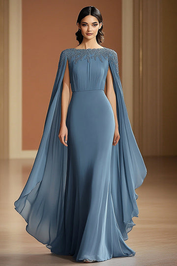 Grey Blue Boat Neck Sheath Long Formal Dress with Beading